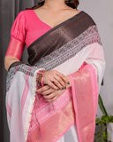 White & Charcoal Handloom Linen Saree with Pink Striped Pallu & Zari Woven Borders | 5.5m Saree + 0.8m Blouse | Elegant Tassel Finish