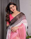White & Charcoal Handloom Linen Saree with Pink Striped Pallu & Zari Woven Borders | 5.5m Saree + 0.8m Blouse | Elegant Tassel Finish