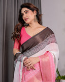 White & Charcoal Handloom Linen Saree with Pink Striped Pallu & Zari Woven Borders | 5.5m Saree + 0.8m Blouse | Elegant Tassel Finish