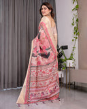 Ivory Pink Handloom Linen Saree with Artistic Flamingo & Floral Pallu | Zari Woven Border | 5.5m Saree + 0.8m Blouse | Elegant Tassel Detail