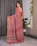 Rust Maroon Handloom Linen Saree with All-Over Floral Print & Ornate Traditional Pallu | Gold Zari Border & Tassel Finish | Attached Blouse | 5.5m Saree + 0.8m Blouse