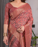 Rust Maroon Handloom Linen Saree with All-Over Floral Print & Ornate Traditional Pallu | Gold Zari Border & Tassel Finish | Attached Blouse | 5.5m Saree + 0.8m Blouse