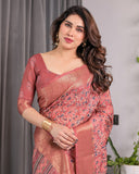 Rust Maroon Handloom Linen Saree with All-Over Floral Print & Ornate Traditional Pallu | Gold Zari Border & Tassel Finish | Attached Blouse | 5.5m Saree + 0.8m Blouse