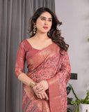 Rust Maroon Handloom Linen Saree with All-Over Floral Print & Ornate Traditional Pallu | Gold Zari Border & Tassel Finish | Attached Blouse | 5.5m Saree + 0.8m Blouse