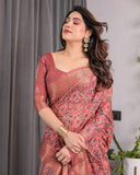 Rust Maroon Handloom Linen Saree with All-Over Floral Print & Ornate Traditional Pallu | Gold Zari Border & Tassel Finish | Attached Blouse | 5.5m Saree + 0.8m Blouse