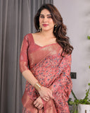 Rust Maroon Handloom Linen Saree with All-Over Floral Print & Ornate Traditional Pallu | Gold Zari Border & Tassel Finish | Attached Blouse | 5.5m Saree + 0.8m Blouse