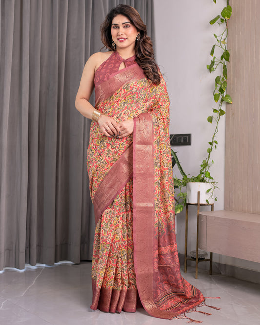 Multicolor Paisley Print Handloom Linen Saree with Traditional Rust Red Pallu & Gold Zari Border | Tassel Edging | Attached Blouse | 5.5m Saree + 0.8m Blouse
