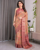 Multicolor Paisley Print Handloom Linen Saree with Traditional Rust Red Pallu & Gold Zari Border | Tassel Edging | Attached Blouse | 5.5m Saree + 0.8m Blouse