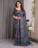Navy Blue Handloom Linen Saree with Red Floral Print & Geometric Patterned Pallu | Antique Zari Border & Tassels | Attached Blouse | 5.5m Saree + 0.8m Blouse