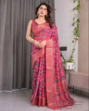 Rani Pink Handloom Linen Saree with Floral Vine Print & Paisley Pallu | Gold Zari Border & Tassel Detailing | Attached Blouse | 5.5m Saree + 0.8m Blouse