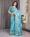 Turquoise Blue Handloom Linen Saree with Floral Digital Print & Golden Zari Border | Tassel Detailing | Attached Blouse | 5.5m Saree + 0.8m Blouse