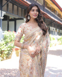 Ivory Cream Handloom Cotton Saree with Peacock & Floral Digital Print