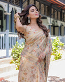 Ivory Cream Handloom Cotton Saree with Peacock & Floral Digital Print