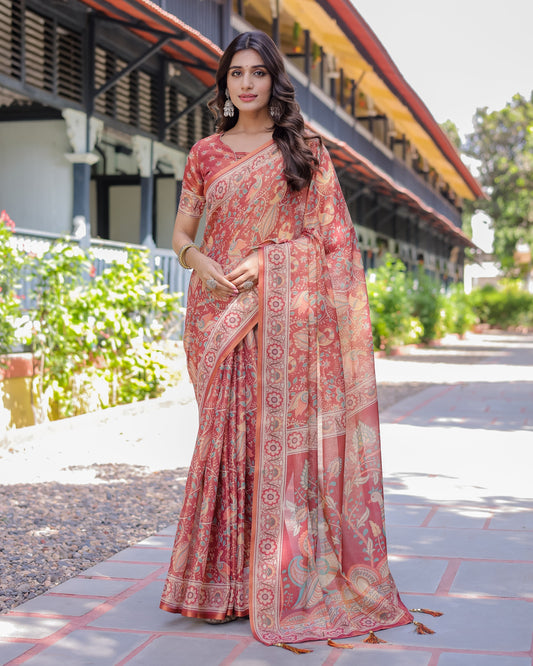 Rust Red Handloom Cotton Saree with Artistic Peacock & Floral Print – Contrast Blouse Included
