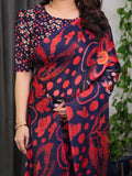 Navy Blue Abstract Floral & Polka Print Satin Georgette Saree with Red Brushstroke Motifs & Designer Attached Blouse