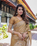 Mustard Brown Pure Handloom Cotton Saree with Village Life Digital Print & Contrast Pallu