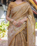Mustard Brown Pure Handloom Cotton Saree with Village Life Digital Print & Contrast Pallu