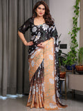 Black & Peach Daisy Floral Printed Satin Georgette Saree with Contrast Pallu and Designer Attached Blouse