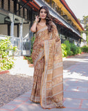 Royal Brown Procession Print Handloom Cotton Saree with Illustrated Pallu & Blouse