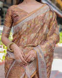 Royal Brown Procession Print Handloom Cotton Saree with Illustrated Pallu & Blouse