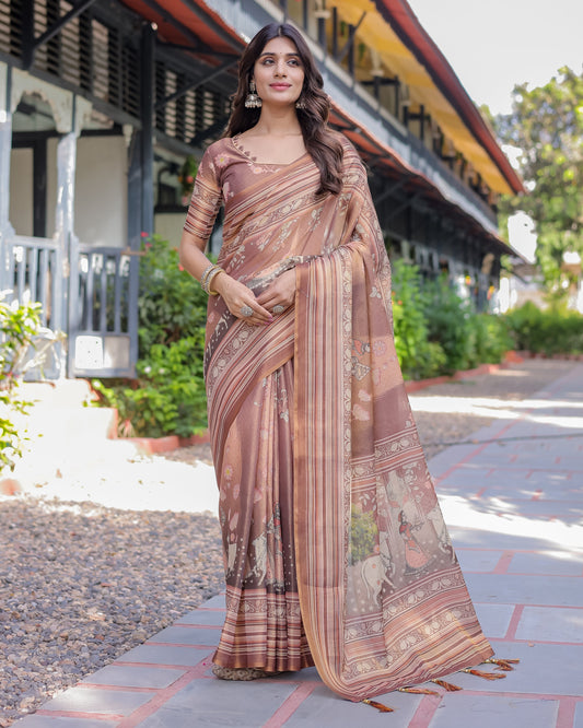 Divine Brown Handloom Cotton Saree with Radha Krishna & Cow Motif – Ethnic Village Charm