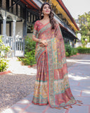 Rust Maroon Handloom Cotton Saree with Folk Procession Pallu & Floral Vine Print