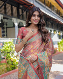 Rust Maroon Handloom Cotton Saree with Folk Procession Pallu & Floral Vine Print