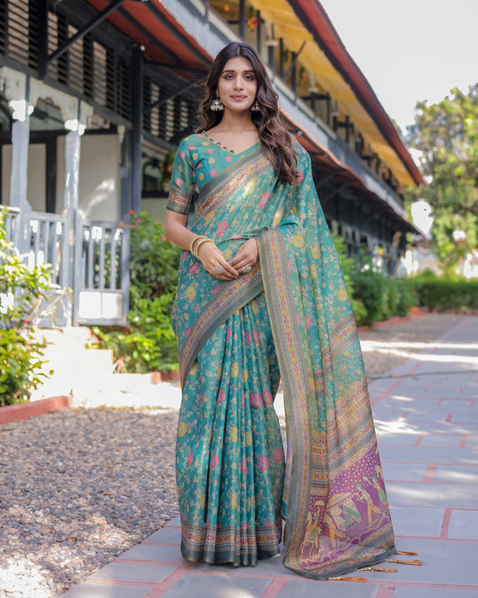 Sea Green Handloom Cotton Saree with Multicolor Floral & Royal Procession Pallu