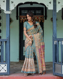 Turquoise Blue Handloom Cotton Saree with Multicolor Floral Pallu & Peach Border