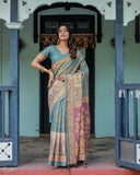 Turquoise Blue Handloom Cotton Saree with Multicolor Floral Pallu & Peach Border