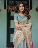 Turquoise Blue Handloom Cotton Saree with Multicolor Floral Pallu & Peach Border