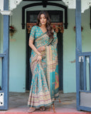Teal Green Handloom Cotton Saree with Floral Print & Royal Bridal Procession Pallu