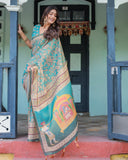 Teal Green Handloom Cotton Saree with Floral Print & Royal Bridal Procession Pallu