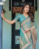 Teal Green Handloom Cotton Saree with Floral Print & Royal Bridal Procession Pallu