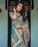 Teal Green Handloom Cotton Saree with Floral Print & Royal Bridal Procession Pallu