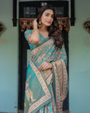 Teal Green Handloom Cotton Saree with Floral Print & Royal Bridal Procession Pallu