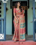 Terracotta Red Handloom Cotton Saree with Floral Vine Print & Dual-Toned Royal Motif Pallu