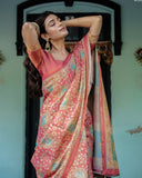 Terracotta Red Handloom Cotton Saree with Floral Vine Print & Dual-Toned Royal Motif Pallu