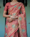 Terracotta Red Handloom Cotton Saree with Floral Vine Print & Dual-Toned Royal Motif Pallu