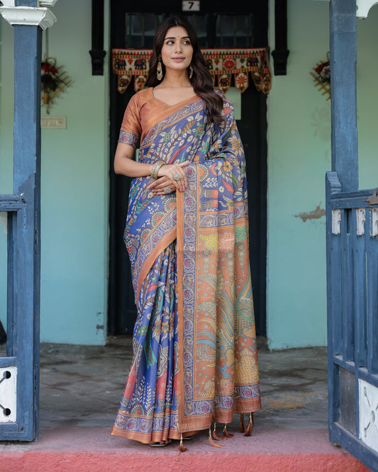 Royal Blue & Rust Handloom Cotton Saree with Bold Floral Print & Grand Peacock Pallu