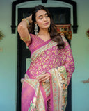 Magenta Pink Handloom Cotton Saree with Floral Vines & Royal Elephant Procession Pallu