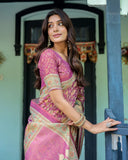 Magenta Pink Handloom Cotton Saree with Floral Vines & Royal Elephant Procession Pallu