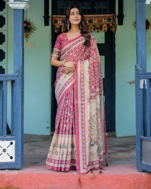 Rose Pink Handloom Cotton Saree with Ivory Elephant Procession Pallu & Floral Print