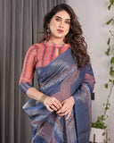 Slate Blue Handloom Linen Saree with Copper Zari Border & Geometric Digital Block Prints | Contrast Tassels & Attached Blouse | 5.5m Saree + 0.8m Blouse