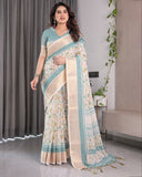 Ivory White Handloom Linen Saree with Aqua Floral Print & Gold Zari Border | Printed Pallu with Tassels | 5.5m Saree + 0.8m Blouse