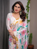 White Satin Georgette Lotus Floral Printed Saree with Attached Blouse – Elegant Watercolor Designer Saree for Festive & Graceful Occasions