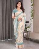 Ivory White Handloom Linen Saree with Aqua Floral Print & Gold Zari Border | Printed Pallu with Tassels | 5.5m Saree + 0.8m Blouse