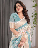 Ivory White Handloom Linen Saree with Aqua Floral Print & Gold Zari Border | Printed Pallu with Tassels | 5.5m Saree + 0.8m Blouse