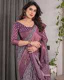 Dusty Purple Handloom Linen Printed Saree with Zari Border, Geometric Floral Motifs & Tasselled Pallu | Attached Blouse Piece | 5.5m Saree + 0.8m Blouse
