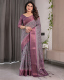 Dusty Purple Handloom Linen Printed Saree with Zari Border, Geometric Floral Motifs & Tasselled Pallu | Attached Blouse Piece | 5.5m Saree + 0.8m Blouse